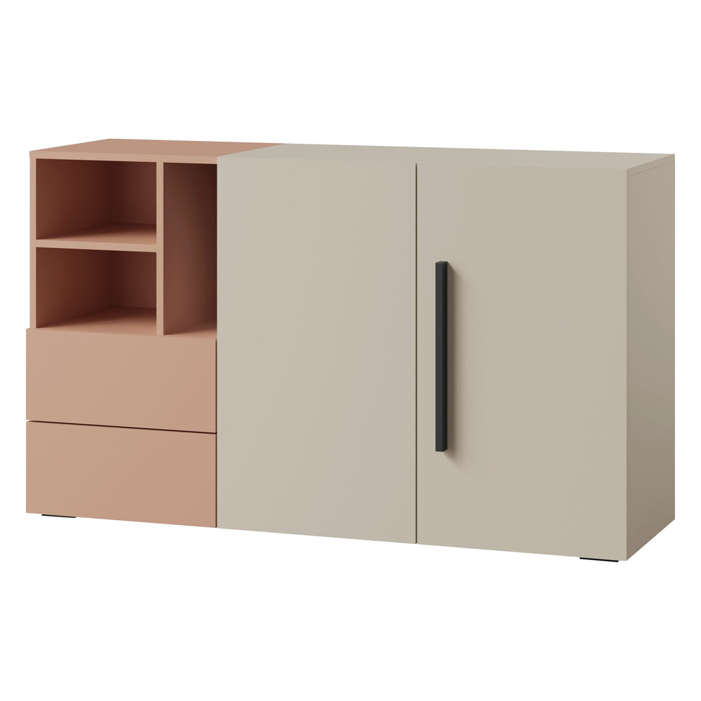 Lorin Kommode 135 cm mit 2 Türen, 2 Schubladen und offenen Fächern – Kaschmir / Alpaka
