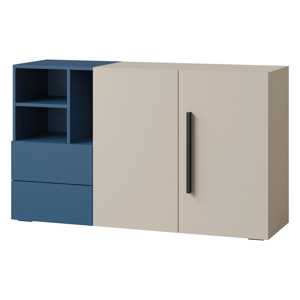 Lorin Kommode 135 cm mit 2 Türen, 2 Schubladen und offenen Fächern – Kaschmir / Meeresblau