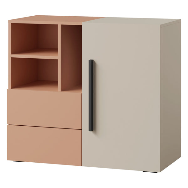 Lorin Kommode 90 cm mit 1 Tür, 2 Schubladen und offenen Fächern – Kaschmir / Alpaka