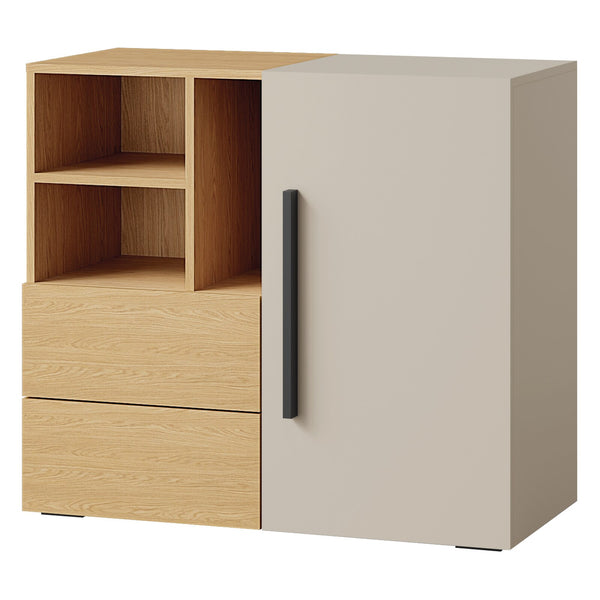 Lorin Kommode 90 cm mit 1 Tür, 2 Schubladen und offenen Fächern – Kaschmir / Frühlingseiche