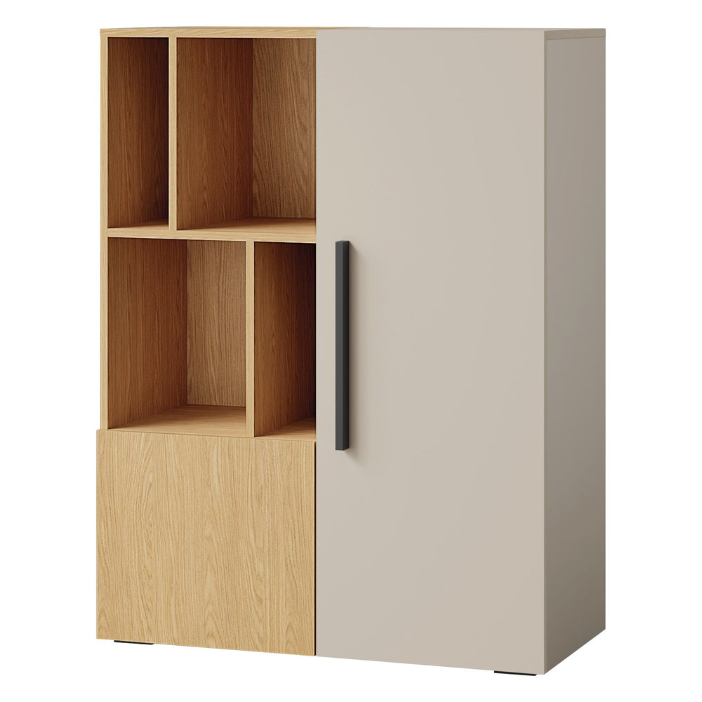 Lorin Regal 90 cm mit 2 Türen und offenen Fächern – Kaschmir / Frühlingseiche