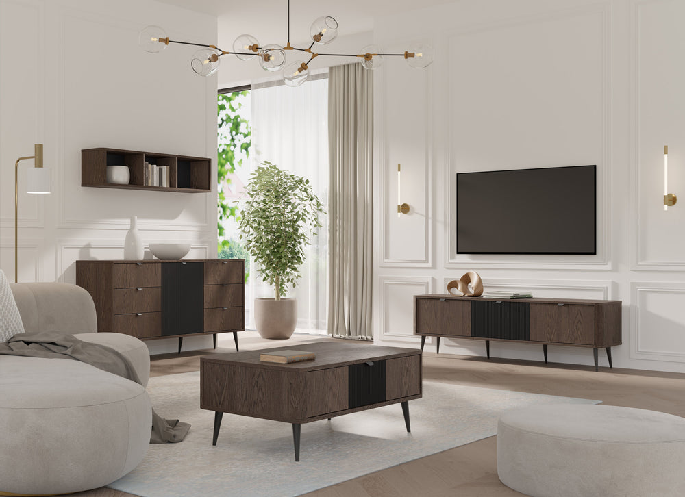 Marly Wohnzimmer-Set 4-teilig mit Kommode, TV-Lowboard, Couchtisch und Wandregal – Baltic Storm