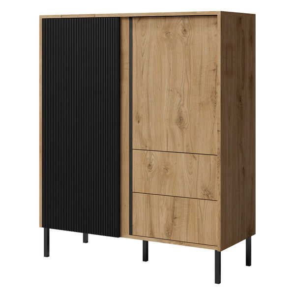 Mia Highboard 100 cm mit 2 Türen und 2 Schubladen – Eiche Odwieczny / Schwarz