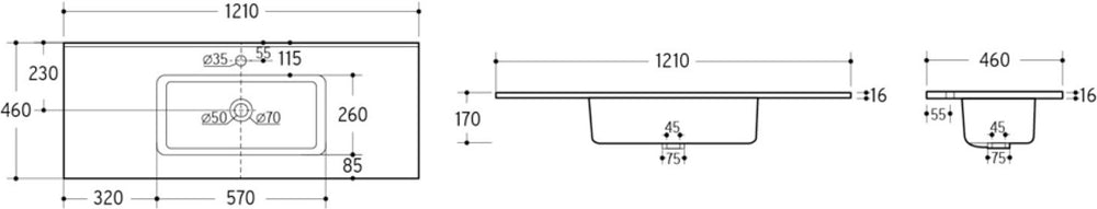 Möbelwaschbecken Gora 121 × 46 cm – Weiß, glänzend, eckig