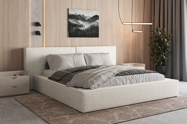 Polsterbett 06 Bouclé – Arena – Modernes Bett mit Bettkasten und Metall-Lattenrost