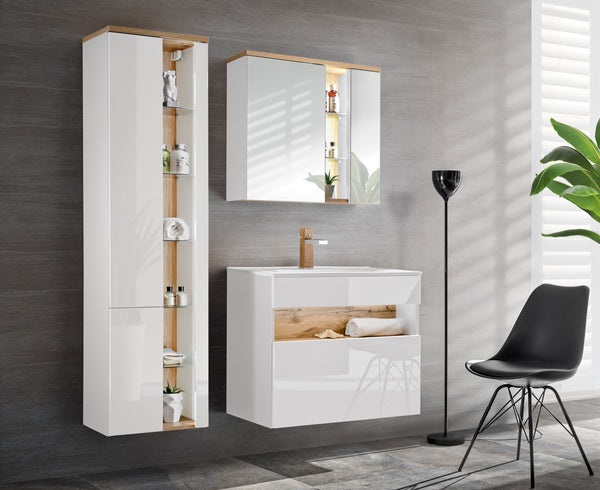 Spiegelschrank Belmara Weiß, Wotan Eiche 80 × 70 × 20 cm mit 2 Türen