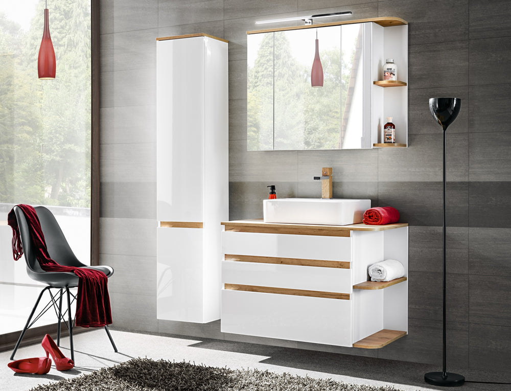 Spiegelschrank Platora Weiß, Golden Craft Eiche 94 × 72 × 20 cm mit 3 Türen
