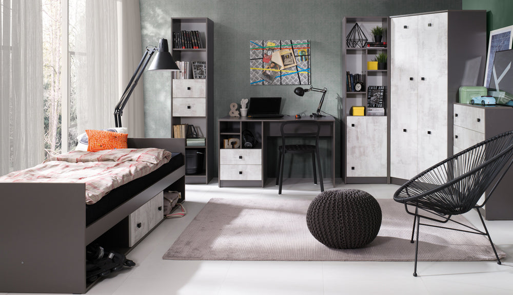 Tommy Jugendzimmer-Set 5-teilig mit Eckkleiderschrank und Einzelbett mit Schublade – Graphit / Enigma