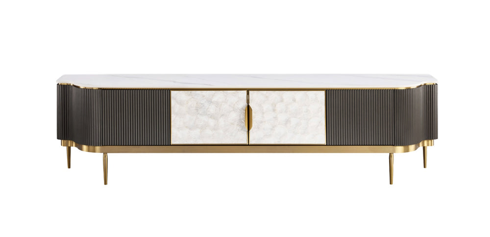 TV-Schrank Hillora Light cream front, White marble countertop, Golden legs and accents, Dark graphite 200 × 52 × 40 cm mit 4 Türen