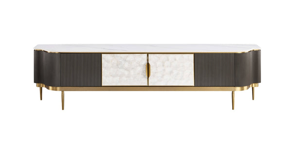 TV-Schrank Hillora Light cream front, White marble countertop, Golden legs and accents, Dark graphite 200 × 52 × 40 cm mit 4 Türen