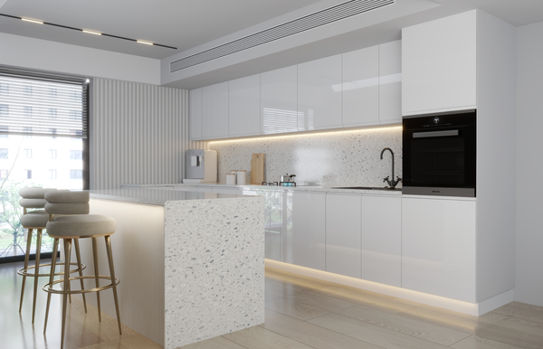 Velmora L-Inselküche KÜ-AS-019 – 410 × 130 cm – Weiß Hochglanz – Moderne Küche mit Kücheninsel
