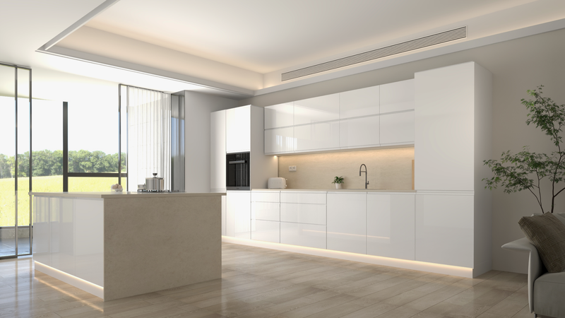 Velmora Inselküche KÜ-AS-018 – 420 cm – Weiß Hochglanz – Moderne Küche mit Kücheninsel