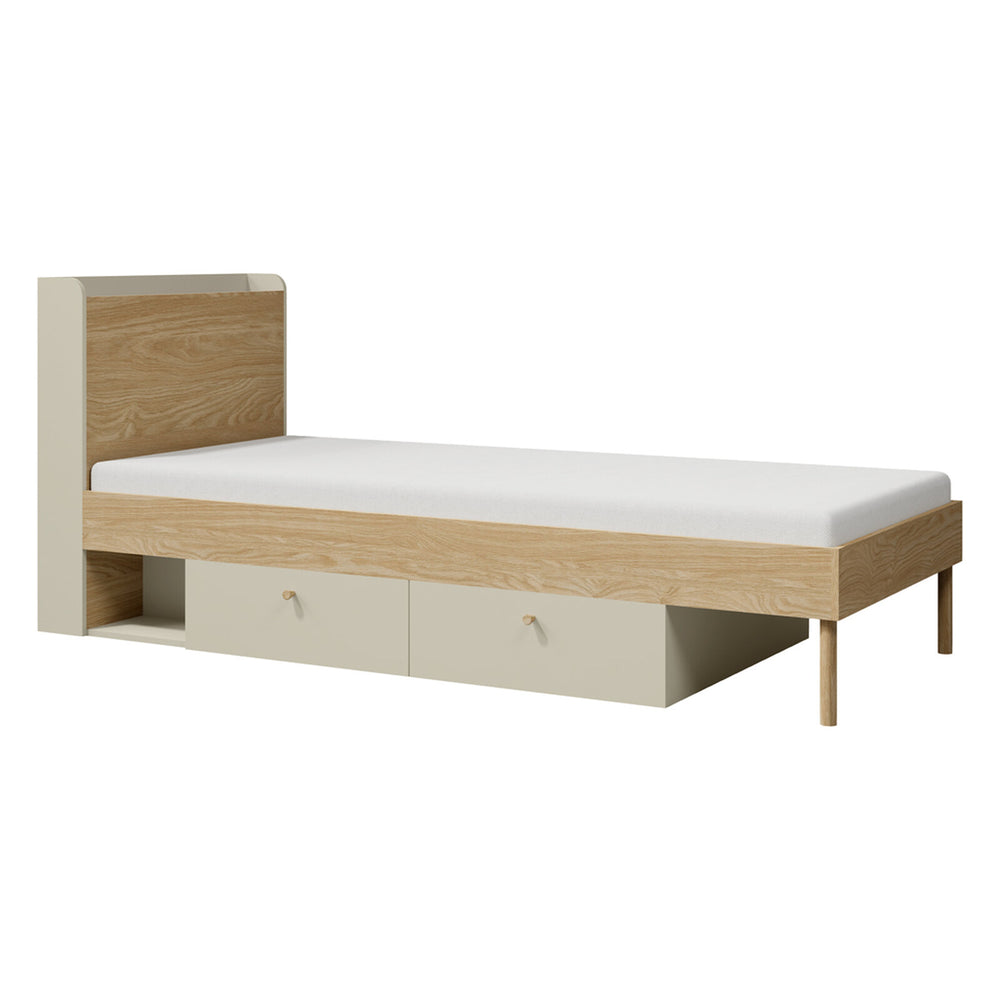 Yuki Bett 94 cm mit 2 Schubladen und Regal-Kopfteil – Graubeige / Eiche geölt