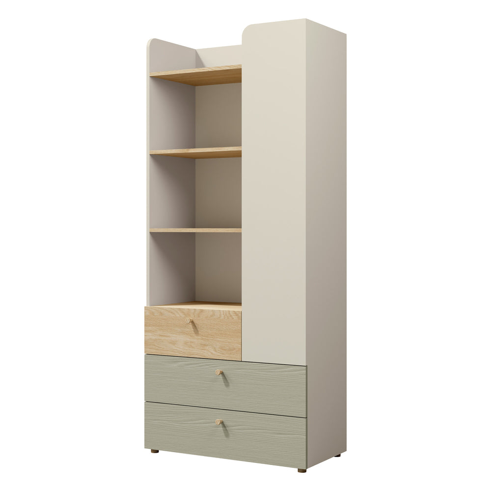 Yuki Hochregal 80 cm mit 1 Tür, 3 Schubladen und offenen Fächern – Graubeige / Eiche geölt / Eukalyptus
