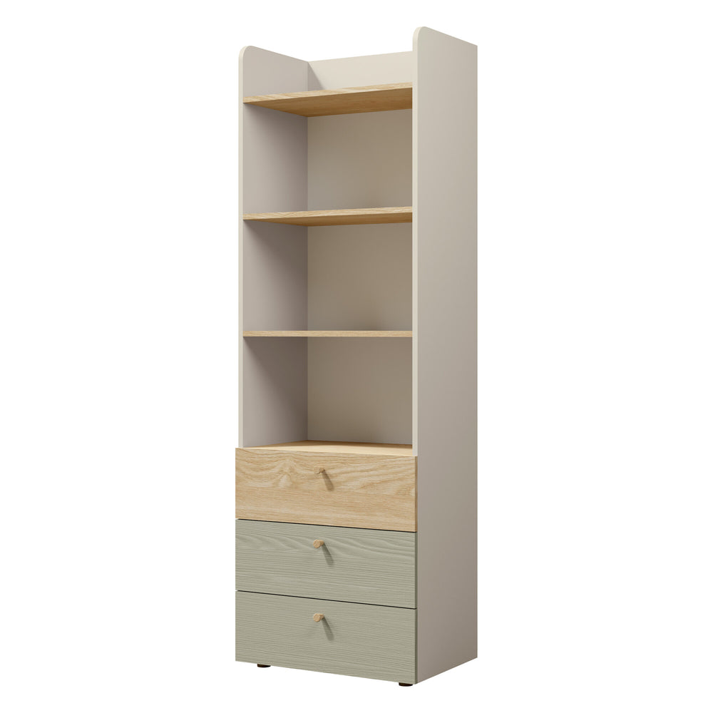 Yuki Hochregal schmal 60 cm mit 3 Schubladen und offenen Fächern – Graubeige / Eiche geölt / Eukalyptus