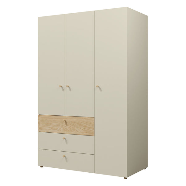 Yuki Kleiderschrank 120 cm mit 3 Türen und 3 Schubladen – Graubeige / Eiche geölt