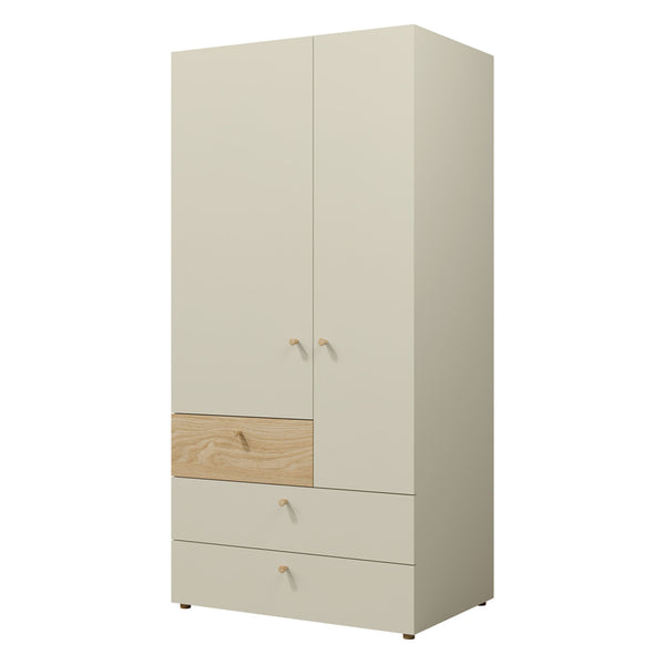 Yuki Kleiderschrank 90 cm mit 2 Türen und 3 Schubladen – Graubeige / Eiche geölt