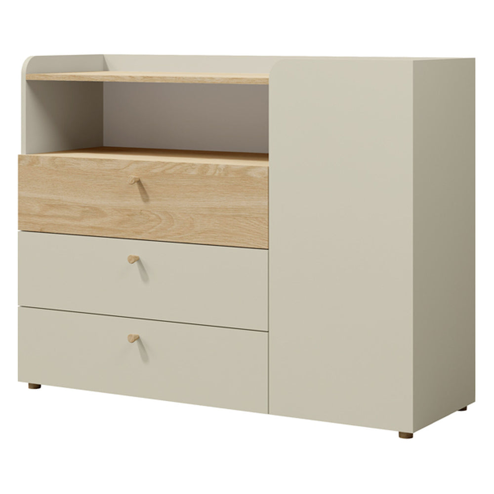 Yuki Kommode 120 cm mit 1 Tür, 3 Schubladen und offenem Fach – Graubeige / Eiche geölt