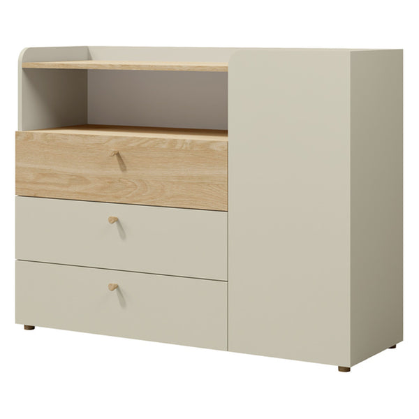 Yuki Kommode 120 cm mit 1 Tür, 3 Schubladen und offenem Fach – Graubeige / Eiche geölt