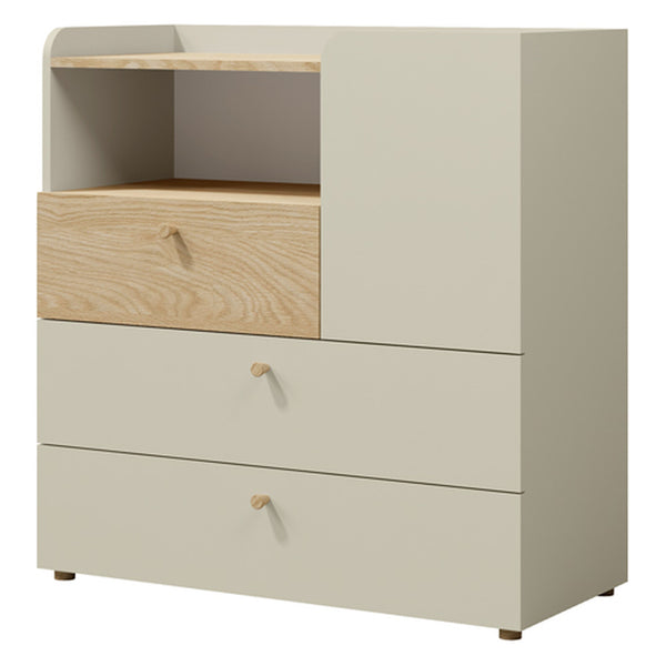 Yuki Kommode 90 cm mit 1 Tür, 3 Schubladen und offenem Fach – Graubeige / Eiche geölt
