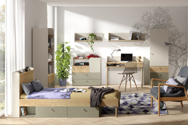 Yuki Jugendzimmer-Set 4-teilig mit Bett mit 2 Schubladen und Kopfteil-Regal – Graubeige / Eiche geölt