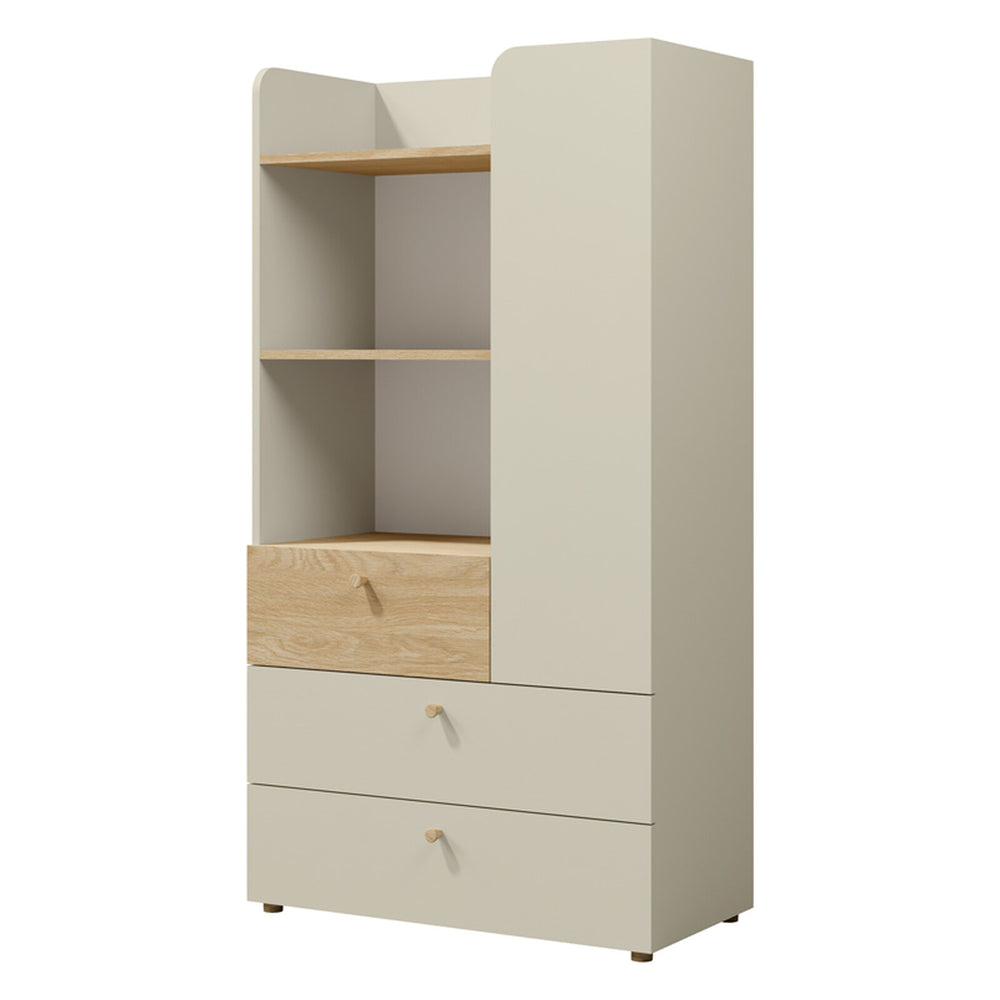 Yuki Regal mittelhoch 80 cm mit 1 Tür, 3 Schubladen und offenen Fächern – Graubeige / Eiche geölt