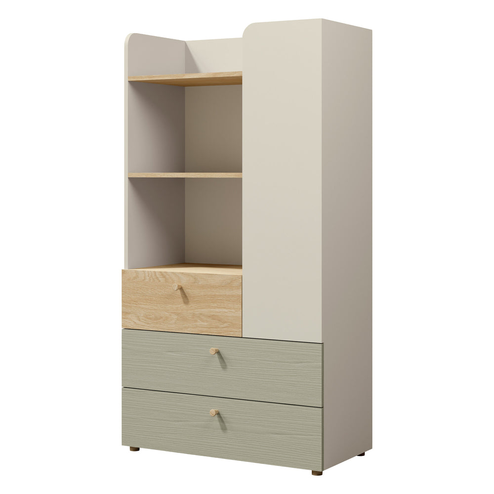 Yuki Regal mittelhoch 80 cm mit 1 Tür, 3 Schubladen und offenen Fächern – Graubeige / Eiche geölt / Eukalyptus