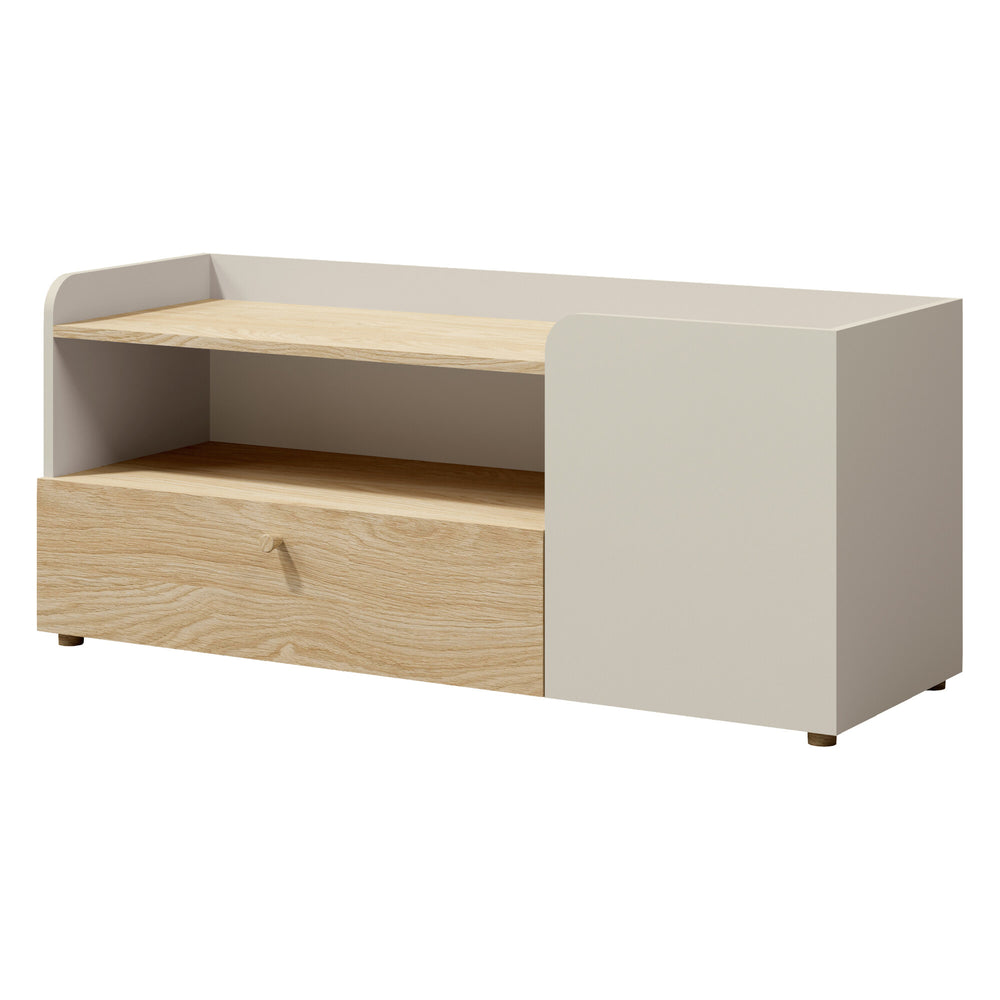Yuki TV-Möbel 120 cm mit 1 Tür, 1 Schublade und offenem Fach – Graubeige / Eiche geölt