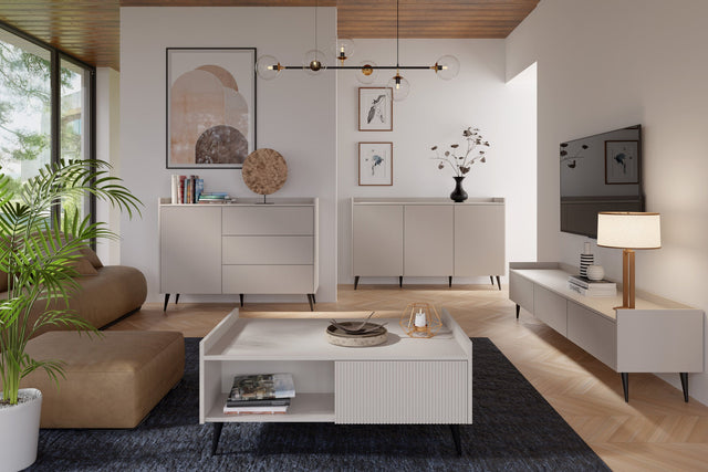 Wohnzimmer in Beige mit Sideboard, Kommode und Couchtisch der Serie Ademo in Kaschmir