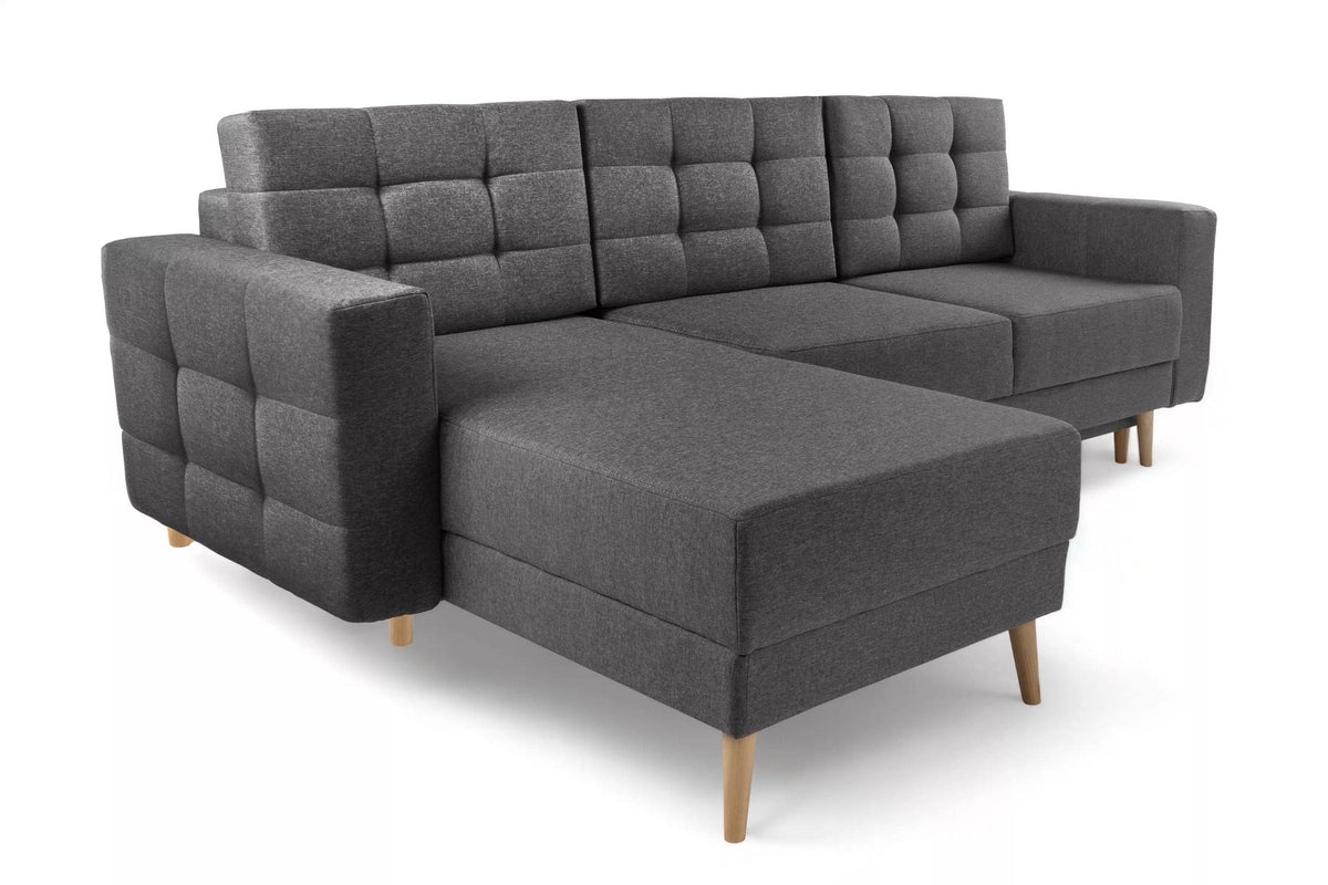 Polsterstoffe im Vergleich: graues Ecksofa Vanisa Mini mit Relaxfunktion