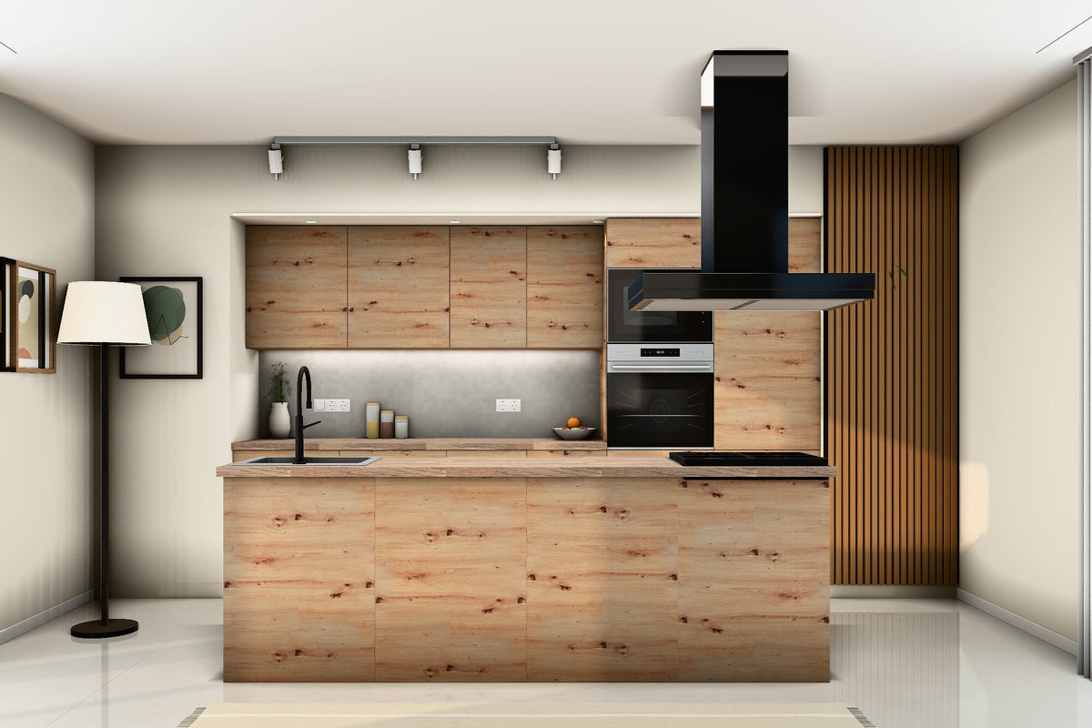 Offene Küche mit Kochinsel und Fronten in Holzoptik, Inselküche Nexa Woodline