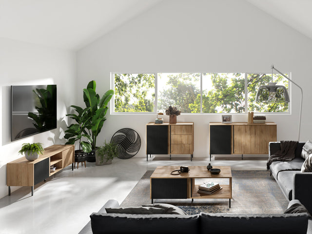 Wohnzimmer einrichten mit dem Mia Set in Eiche Odwieczny und Schwarz: Kommode, Sideboard, TV-Lowboard und Couchtisch