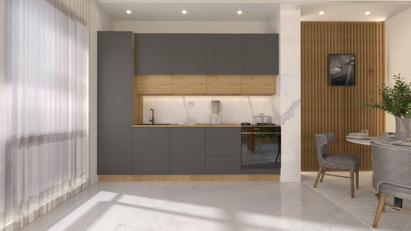 Nexa Küchenzeile  KÜ06-L – Grau & Woodline – 300 cm – Moderne Familienküche mit Hochschrank und großzügigem Stauraum
