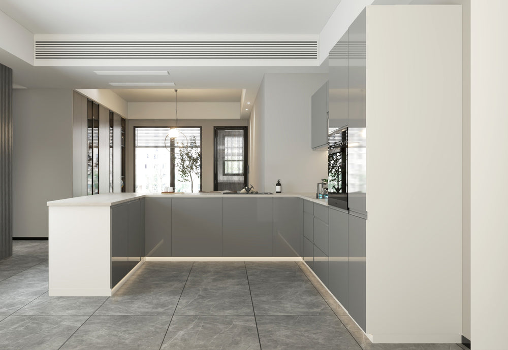 Velmora U-Form Küche KÜ-AS-013 – 310 × 289 × 210 cm – Grau Hochglanz – Moderne Einbauküche mit großzügigem Stauraum