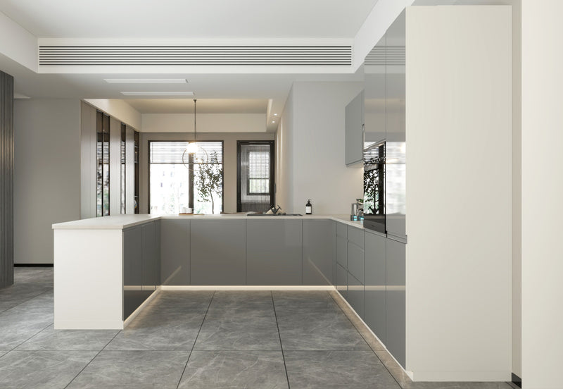 Velmora U-Form Küche KÜ-AS-013 – 310 × 289 × 210 cm – Grau Hochglanz – Moderne Einbauküche mit großzügigem Stauraum