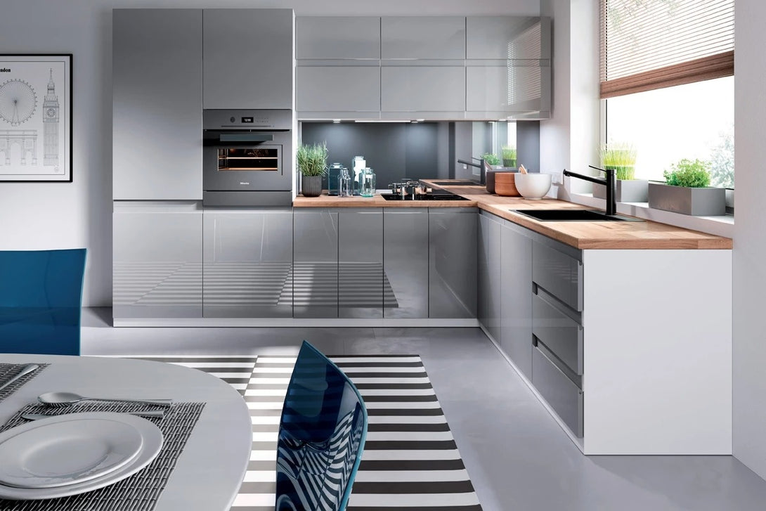 Winkelküche - L-Form Aspen - Grau (Hochglanz) - K31-G300×240 cm - ROYAL24_MARKT