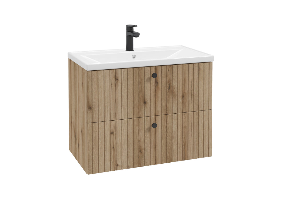Waschbeckenunterschrank - RIETTI D80 - Weiß Hochglanz - Eiche