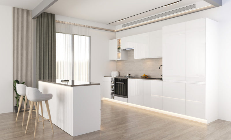 Velmora Inselküche KÜ11 – 340 cm – Weiß Hochglanz – Moderne Einbauküche mit Kochinsel