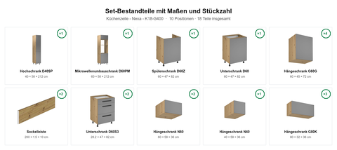 Küchenzeile – Nexa – K18-G400 – Maßbild (Set-Bestandteile mit Maßen und Stückzahl)