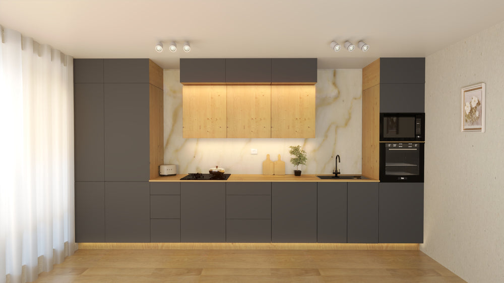 Nexa Küchenmöbel-Set KÜ03-L – Grau & Woodline   – Stilvolle 460 cm Küchenlösung mit maximalem Stauraum und moderner Eleganz