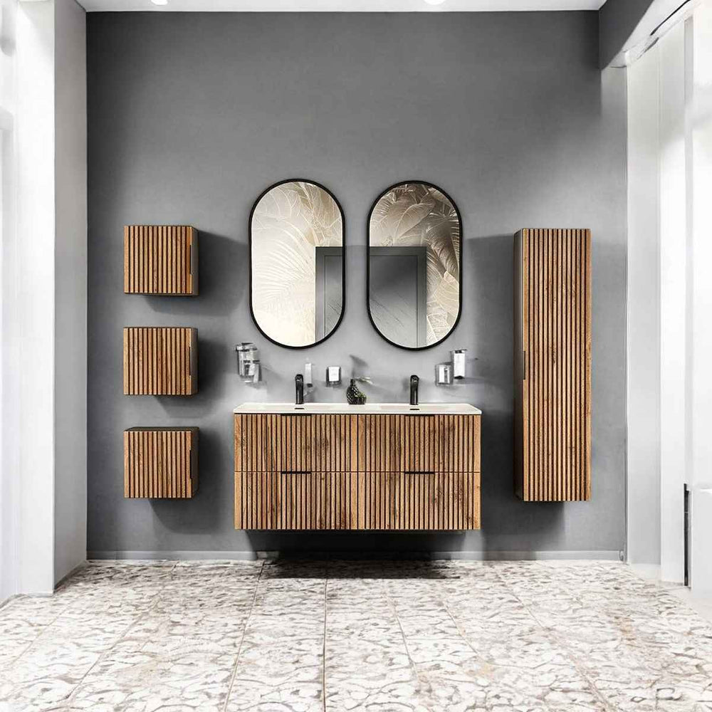 Badmöbel-Set - Xilo X - mit Möbelwaschbecken, Hochschrank & Spiegel