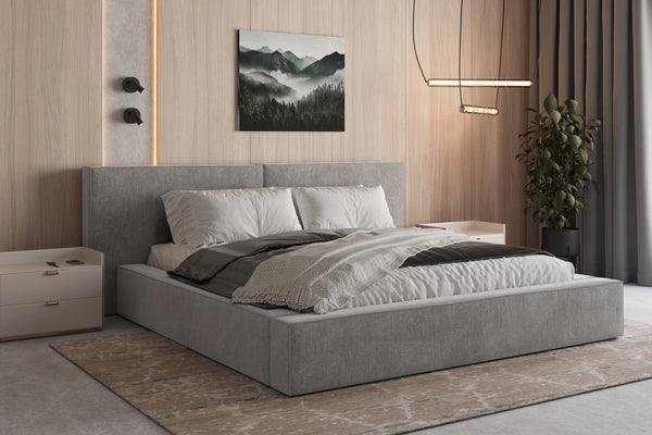 Polsterbett 06 Bouclé – Tresor - Bett mit Bettkasten, Metall-Lattenrost und modernem Design