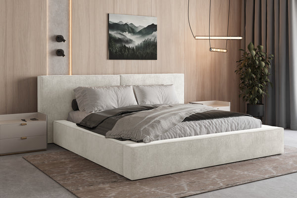 Polsterbett 06 Bouclé – Tresor - Bett mit Bettkasten, Metall-Lattenrost und modernem Design