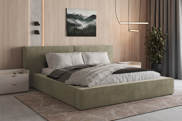 Polsterbett 06 Bouclé – Tresor - Bett mit Bettkasten, Metall-Lattenrost und modernem Design