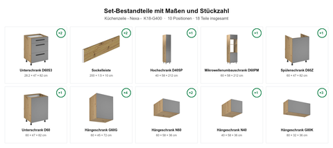 Küchenzeile – Nexa – K18-G400 – Maßbild (Set-Bestandteile mit Maßen und Stückzahl)
