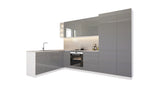 Velmora Winkelküche 300 × 180 cm KÜ05 – Moderne L-Küche ohne Arbeitsplatte – MDF Fronten – Grau Hochglanz