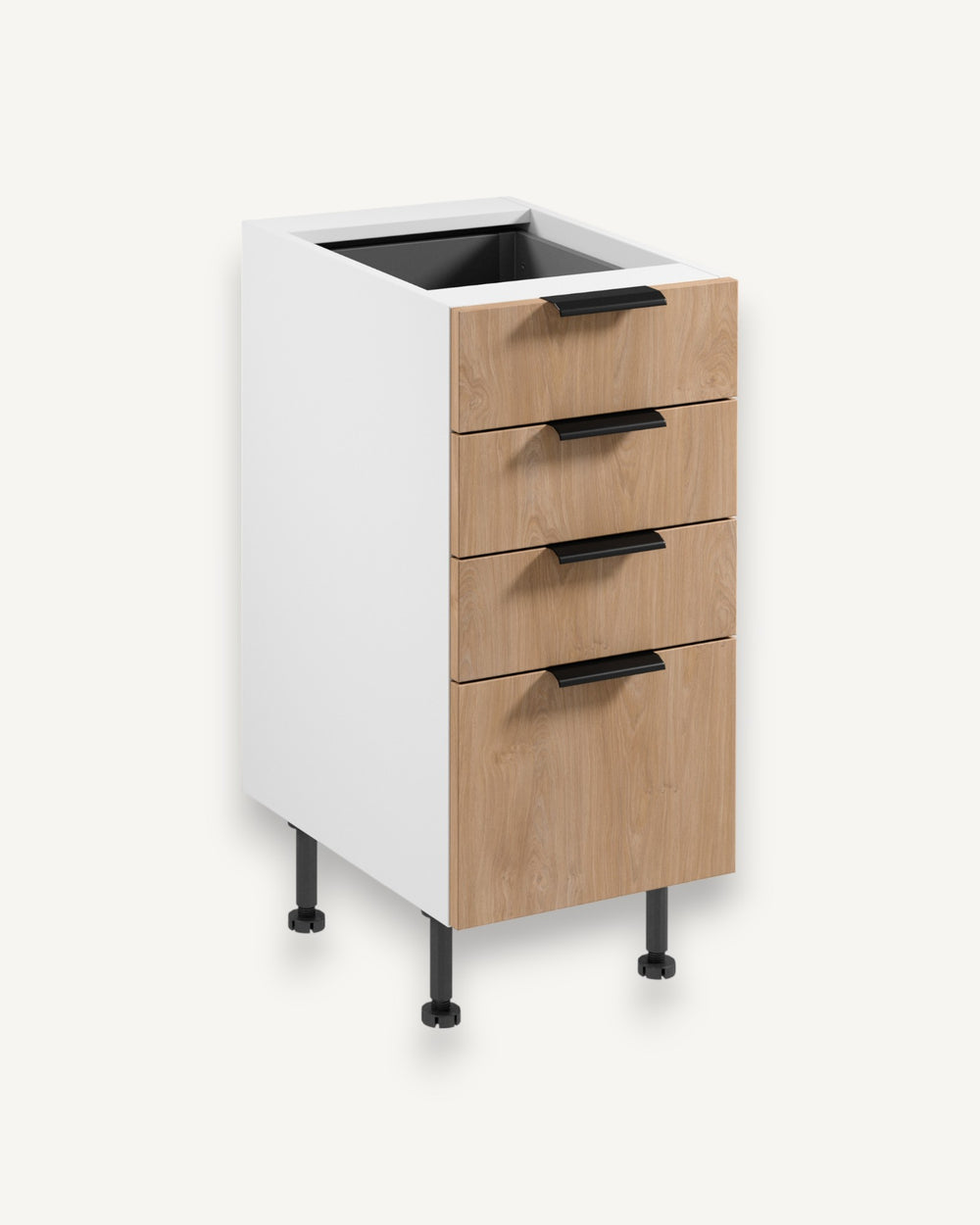 Unterschrank D40S4 AX – Sorento Weiß Sonoma Eiche – Markantes Design, 4 praktische Schubladen für Ihre Küche.