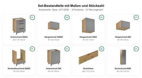 Küchenzeile – Nexa – K17-G240 – Maßbild (Set-Bestandteile mit Maßen und Stückzahl)