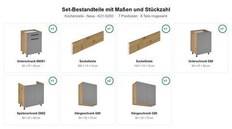 Küchenzeile – Nexa – K21-G200 – Maßbild (Set-Bestandteile mit Maßen und Stückzahl)