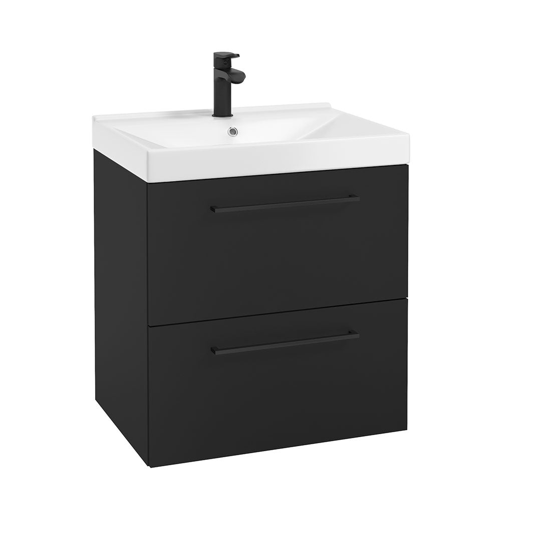 Waschbeckenschrank - METRO-SYSTEM D60 - weißer Hochglanzlack - goldenes Eichendekor - Schwarzer Mattlack